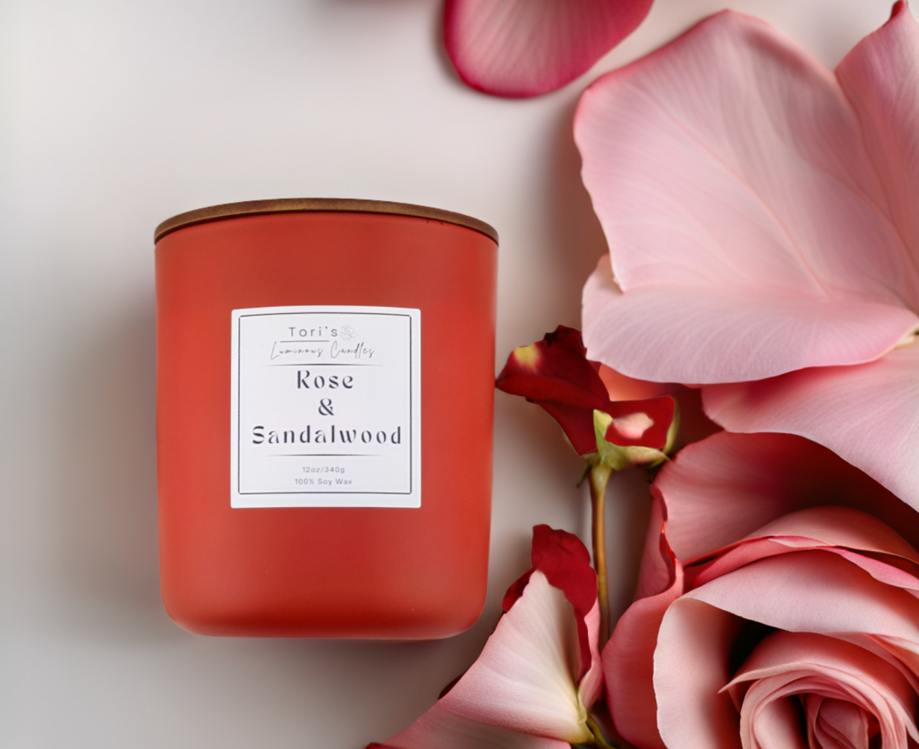 Rose and Sandalwood soy candle and wax melts with a romantic floral and warm woodsy fragrance, hand-poured and toxin-free.
