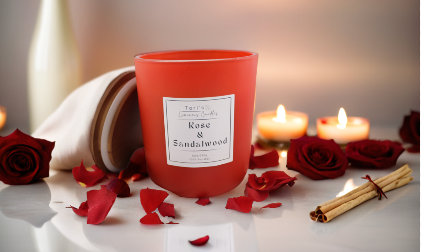 Rose and Sandalwood soy candle and wax melts with a romantic floral and warm woodsy fragrance, hand-poured and toxin-free.