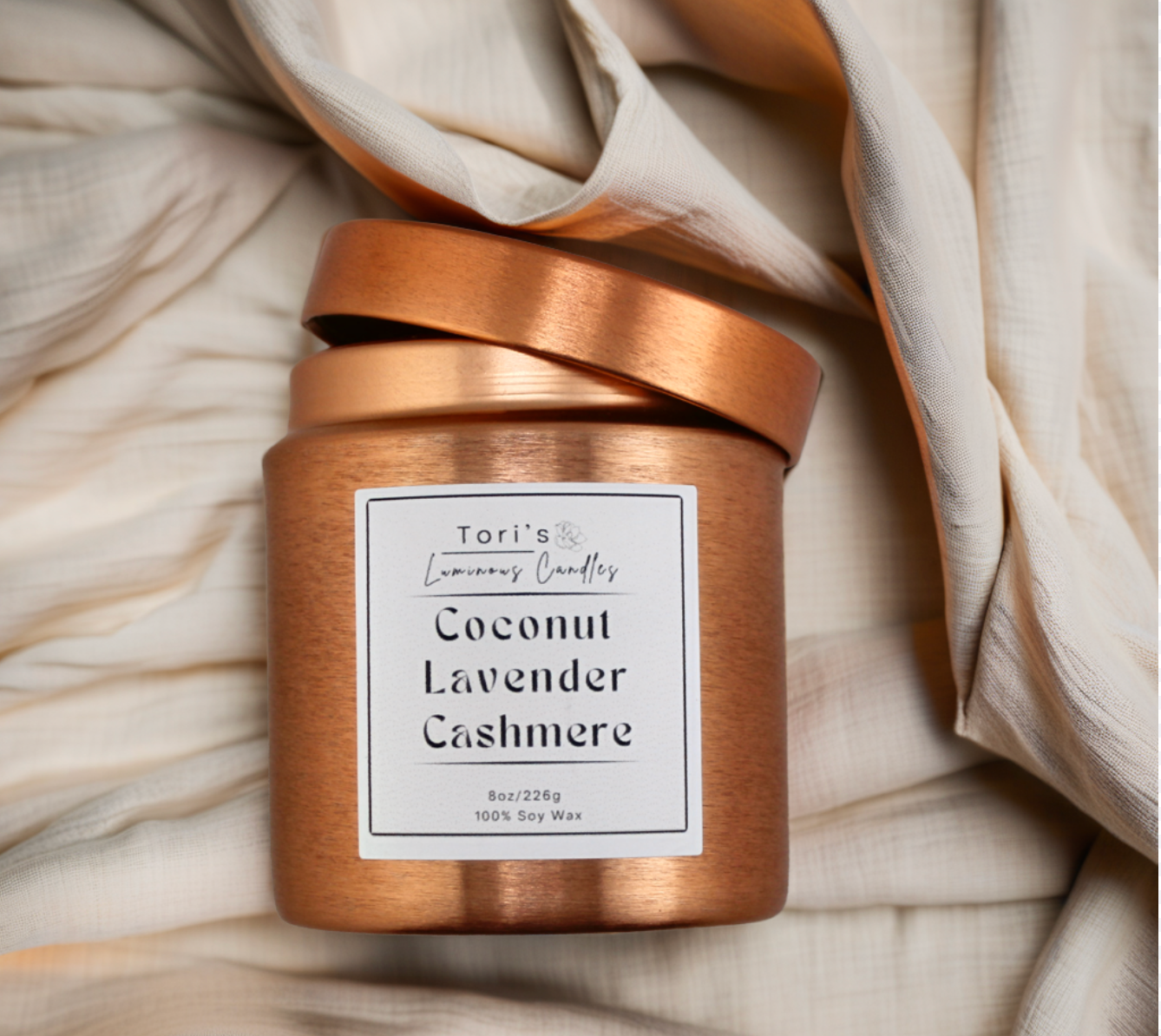 Coconut, lavender, and cashmere candle in an 8 oz copper vessel, styled with the Rewick & Chill refill kit and wick trimmer—offering a classy, cozy bundle for sustainable relaxation.