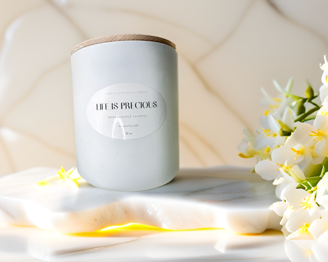 12oz Honeysuckle Jasmine candle in a sleek white matte vessel, showcasing a fresh floral scent with elegant minimalist design.