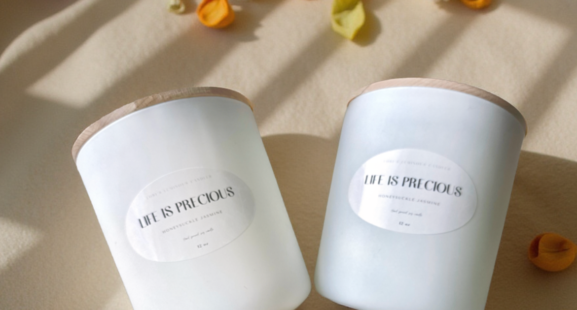 12oz Honeysuckle Jasmine candle in a sleek white matte vessel, showcasing a fresh floral scent with elegant minimalist design.