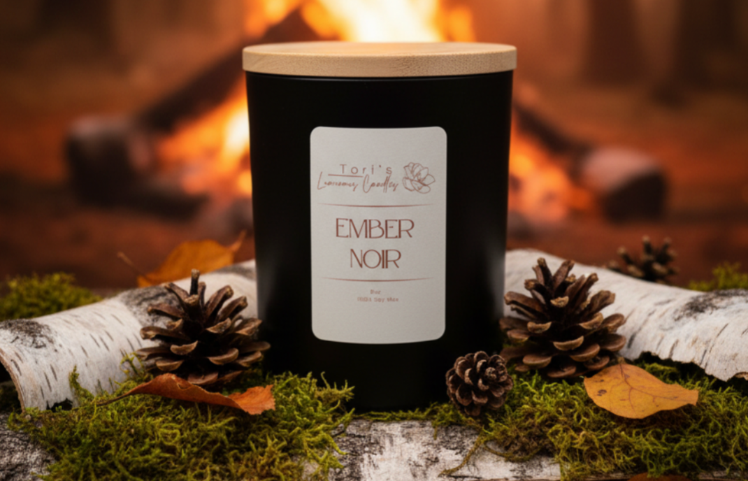 A warm, rustic candle labeled “Fire Ember + Sweet Tobacco,” surrounded by elements like smoldering wood, dried tobacco leaves, and a soft amber glow. The imagery evokes a smoky cabin fire, rich sweetness, and an earthy, atmospheric warmth.