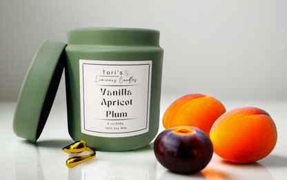 
Floral and fruity candle in 8 oz matte sage and 12 oz matte peach jars, styled in a cozy, elegant space—capturing year-round charm and a timeless, classy feel.