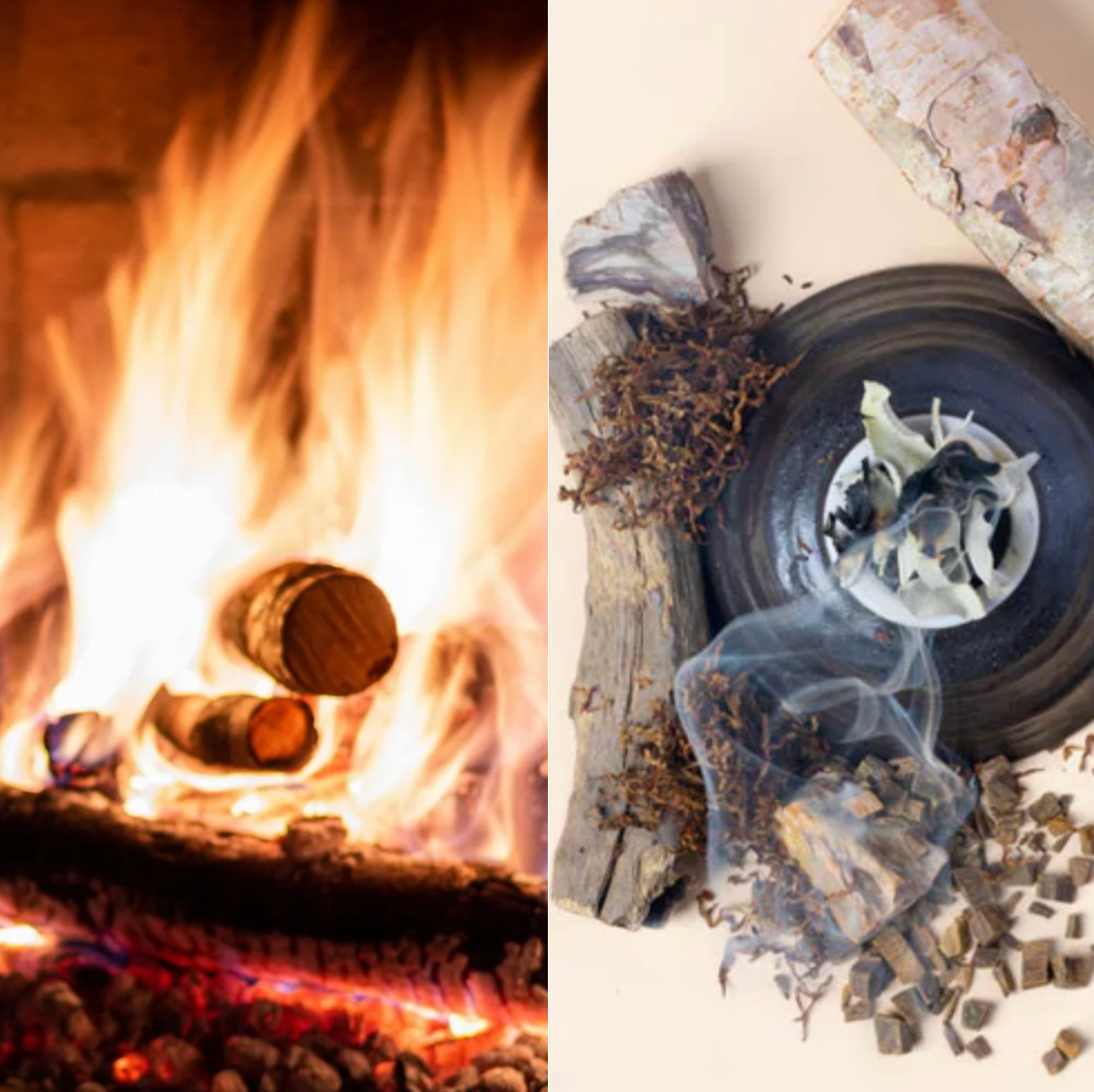 A warm, rustic candle labeled “Fire Ember + Sweet Tobacco,” surrounded by elements like smoldering wood, dried tobacco leaves, and a soft amber glow. The imagery evokes a smoky cabin fire, rich sweetness, and an earthy, atmospheric warmth.