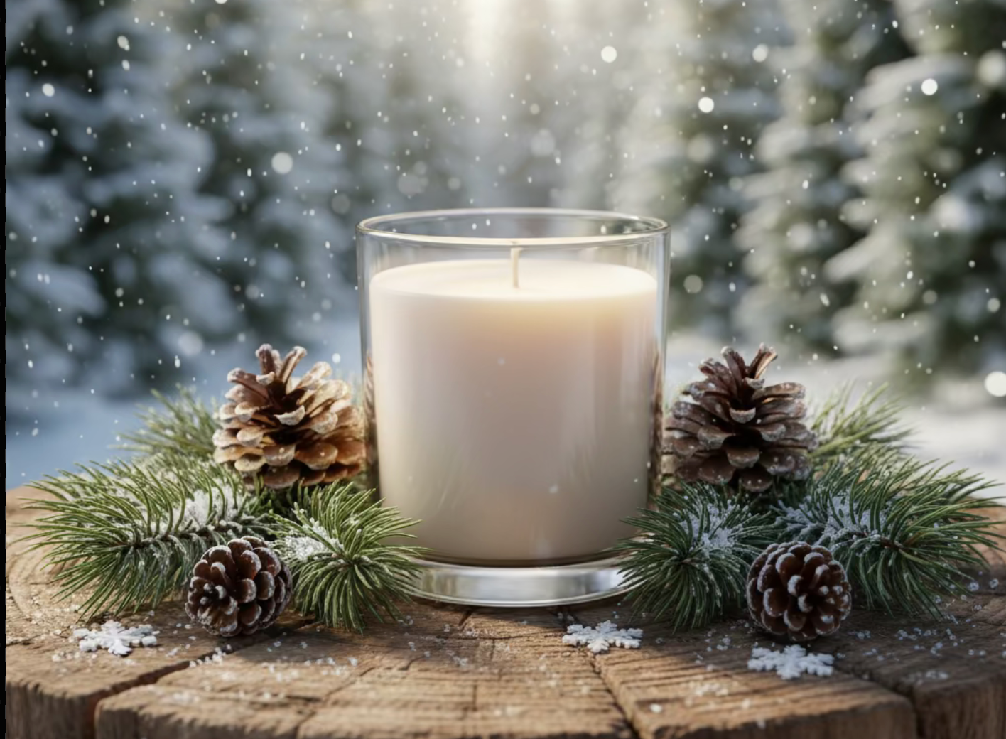 A Winter Enchantment soy candle surrounded by cozy winter accents. The label highlights notes of citrus, pine, pear, juniper, and sage. The scene evokes a snowy forest feeling with a serene, winter wonderland aesthetic.
