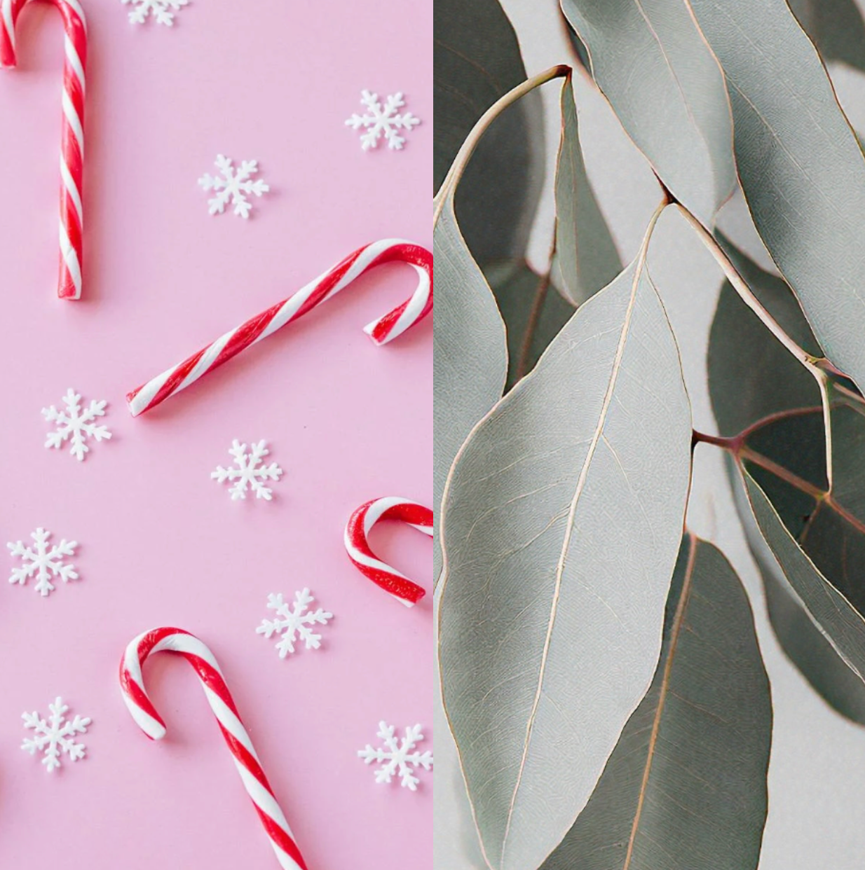 Peppermint Kisses candle lit on a clean winter-themed surface, surrounded by red-and-white peppermint candies and soft eucalyptus sprigs. The flame glows brightly, creating a fresh, uplifting holiday feel reminiscent of candy canes and winter air.