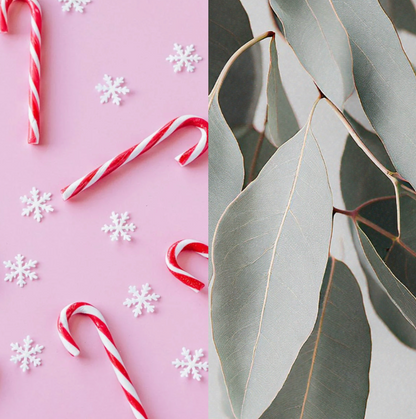 Peppermint Kisses candle lit on a clean winter-themed surface, surrounded by red-and-white peppermint candies and soft eucalyptus sprigs. The flame glows brightly, creating a fresh, uplifting holiday feel reminiscent of candy canes and winter air.