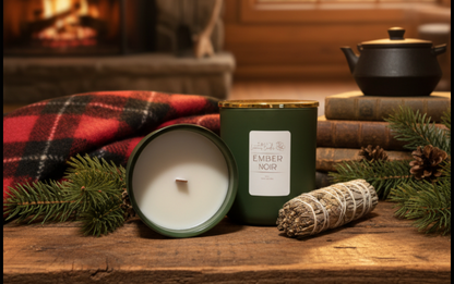 A warm, rustic candle labeled “Fire Ember + Sweet Tobacco,” surrounded by elements like smoldering wood, dried tobacco leaves, and a soft amber glow. The imagery evokes a smoky cabin fire, rich sweetness, and an earthy, atmospheric warmth.