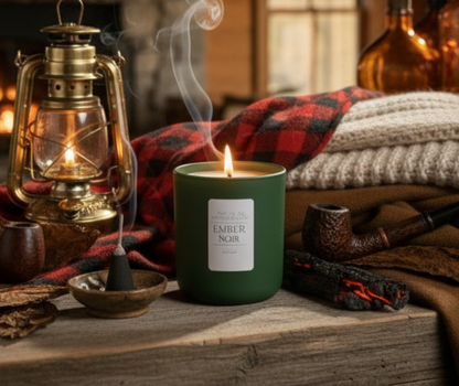 A warm, rustic candle labeled “Fire Ember + Sweet Tobacco,” surrounded by elements like smoldering wood, dried tobacco leaves, and a soft amber glow. The imagery evokes a smoky cabin fire, rich sweetness, and an earthy, atmospheric warmth.