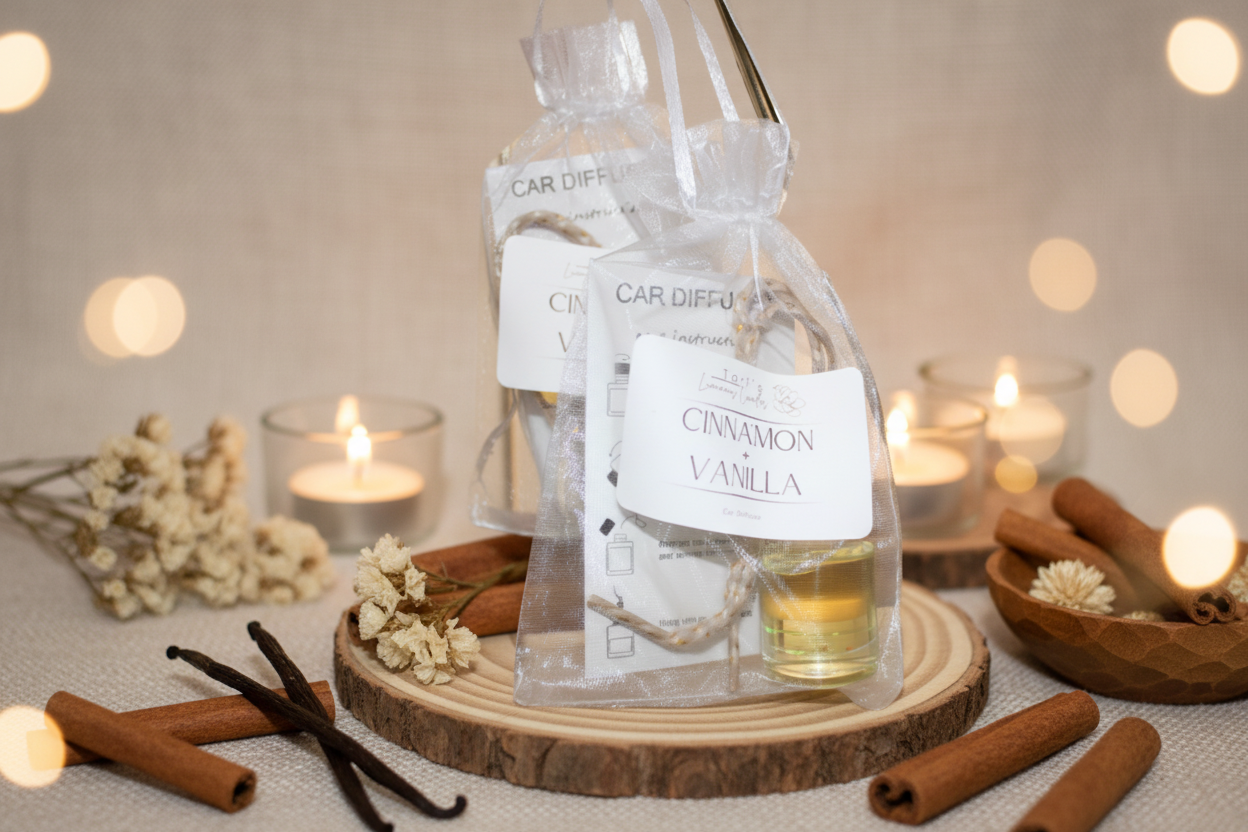 A close-up of a small glass car diffuser with a wooden lid, filled with clear fragrance oil. The label reads 'Cinnamon & Vanilla.' It is hanging from a rearview mirror with a soft-focus view of a steering wheel and road in the background.