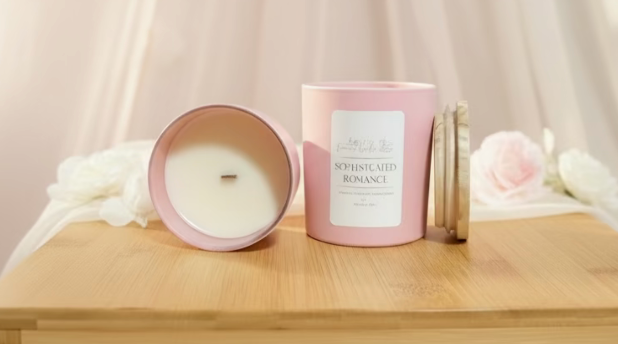 A luxury candle titled 'Sophisticated Romance' in a minimalist glass jar. The label is clean and modern, listing notes of Jasmine, Vanilla, and Sandalwood. The candle is styled on a marble surface next to a sprig of dried jasmine and a sandalwood incense stick.