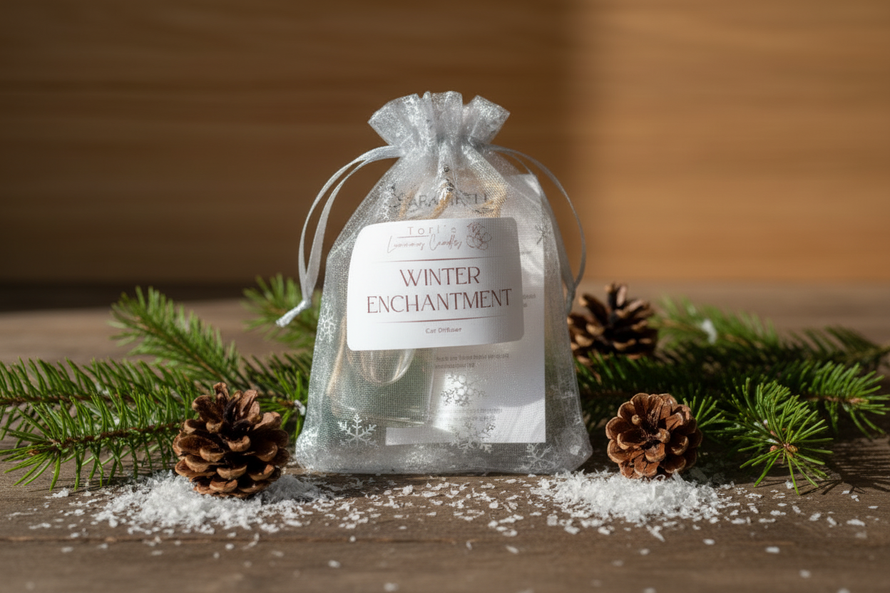 Fragrance bottle in a clear drawstring bag labeled 'Winter Enchantment' on a white background